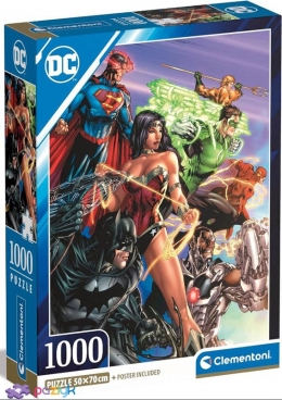 1000 эл. Compact - Лига справедливости. Коллаж № 1 / Warner Justice League. DC Comics. WB Shield / Clementoni